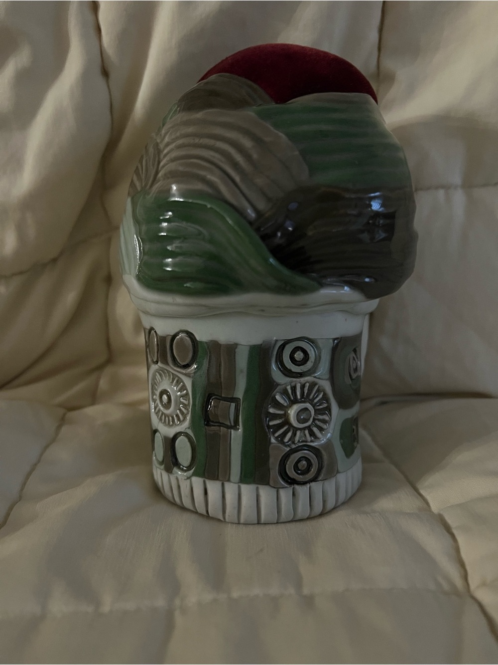 Green Ceramic Pin Cushion with Patterned Base